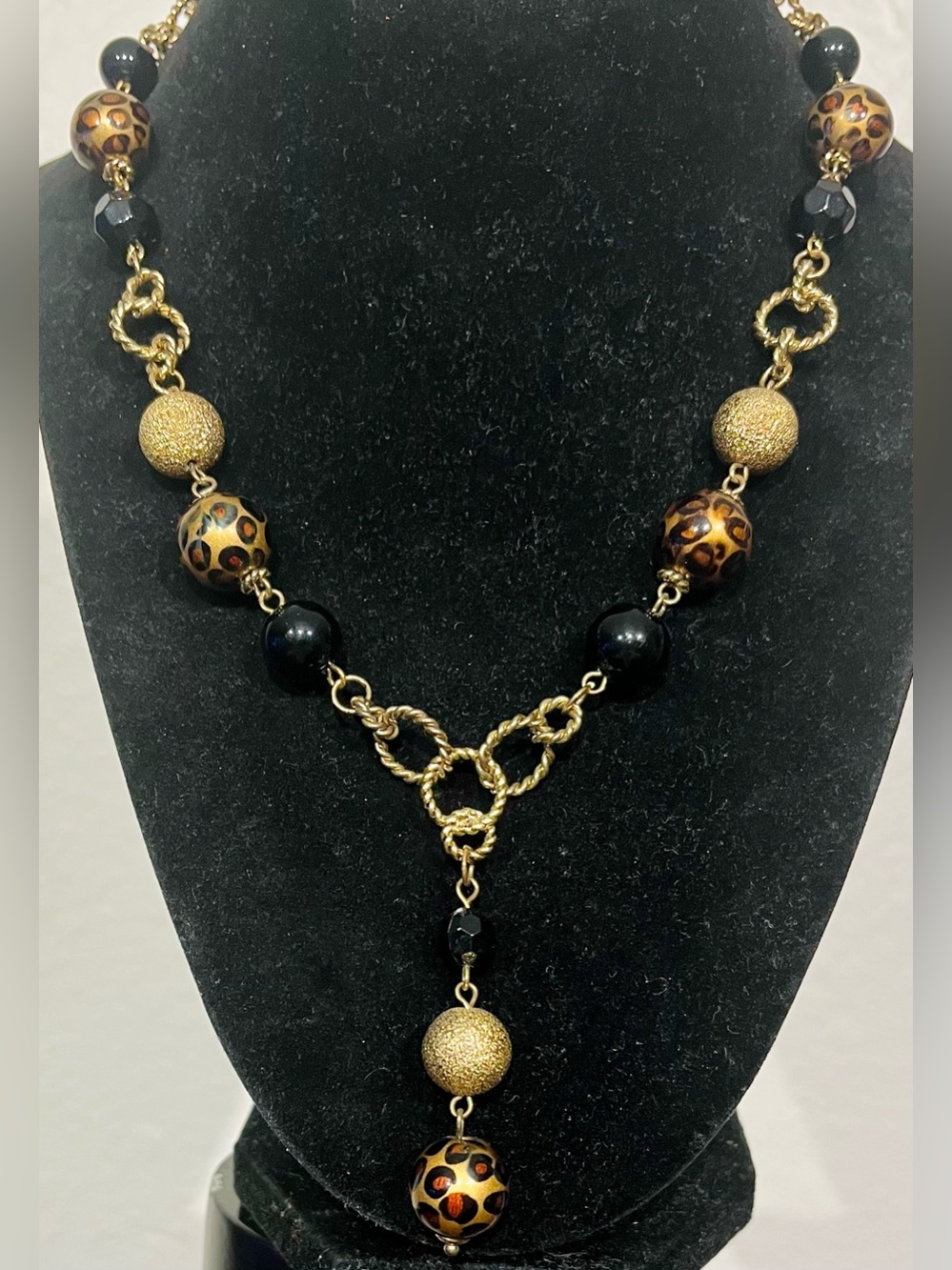 Vintage Gold and Black Leopard Bead Drop Necklace